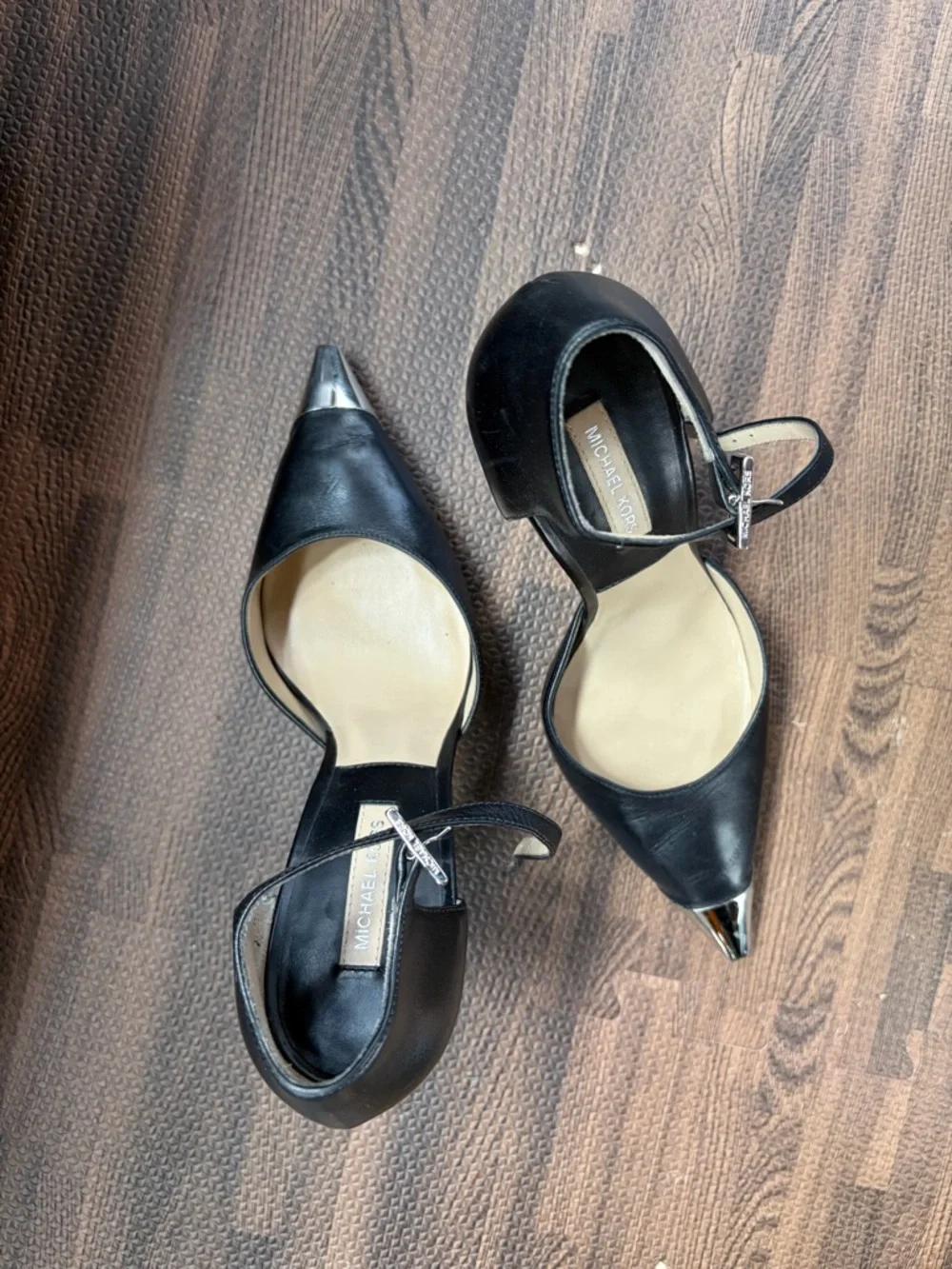 Michael Kors Black Pointed Ankle-Strap Pumps with Silver Cap Toe - Picture 2 of 2